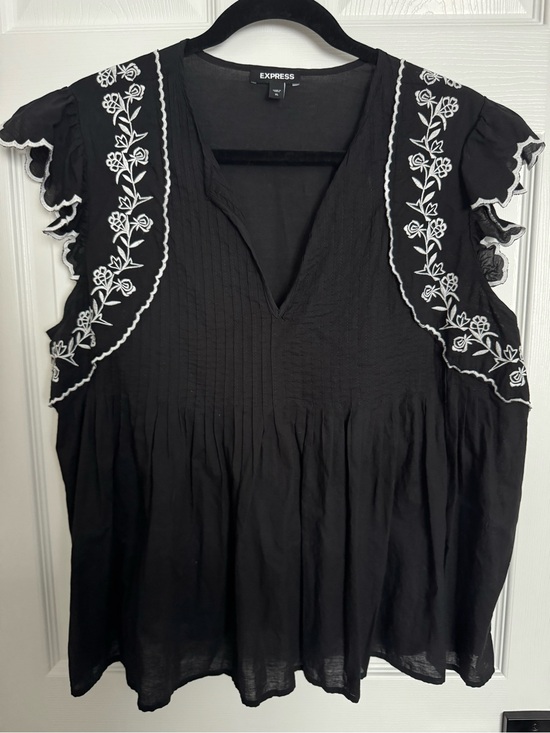 Express Tops - Express Black Top with White Floral Embroidery